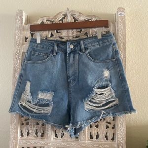 SHEIN cut-off distressed high waist denim shorts